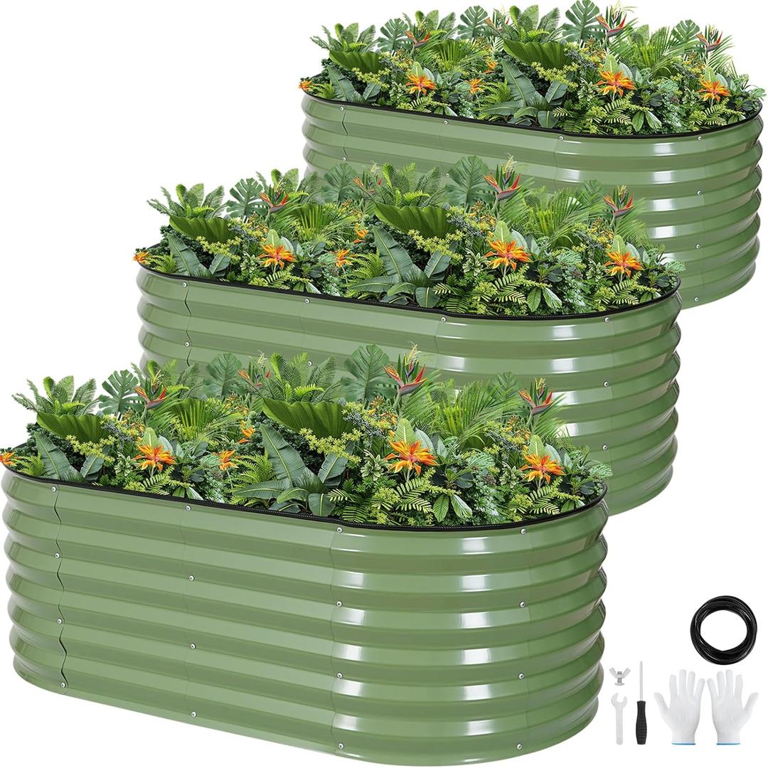 Galvanized Raised Garden Bed,4x2x1.4ft Planter Box for Deep Root Plant 3Pcs | OliveGreen Raised Bed Kit for Gardening with Rubber Strip for Vegetables Flowers Fruits,ideal for patio backyard balcony