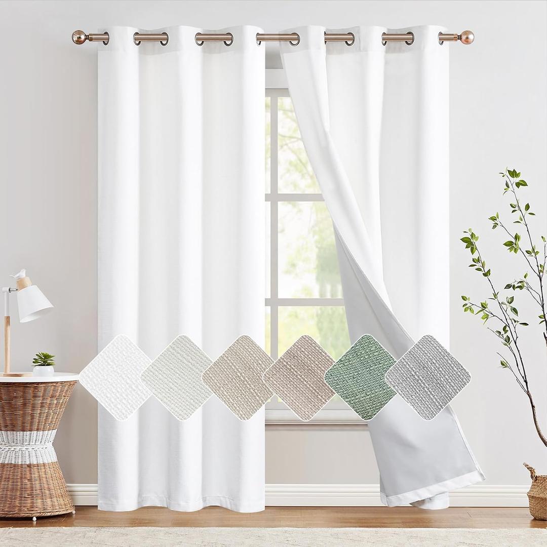 jinchan 100% Blackout Curtains for Bedroom Living Room Linen Blackout Curtains 90 Inch Long Room Darkening Curtains Linen Textured Drapes 2 Panels Window Curtains Grommet Top White