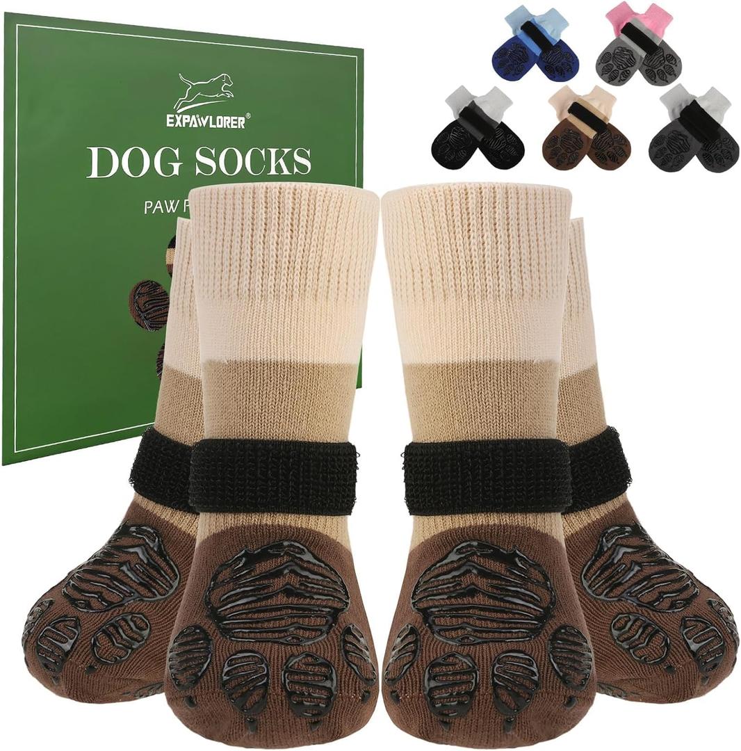 EXPAWLORER Anti Slip Dog Socks to Prevent Licking Paws, Dog Shoes for Hot Pavement, Dog Booties for Hardwood Floors, Dog Boots & Paw Protectors with Grippers for Small Medium Large Senior Dogs Khaki M