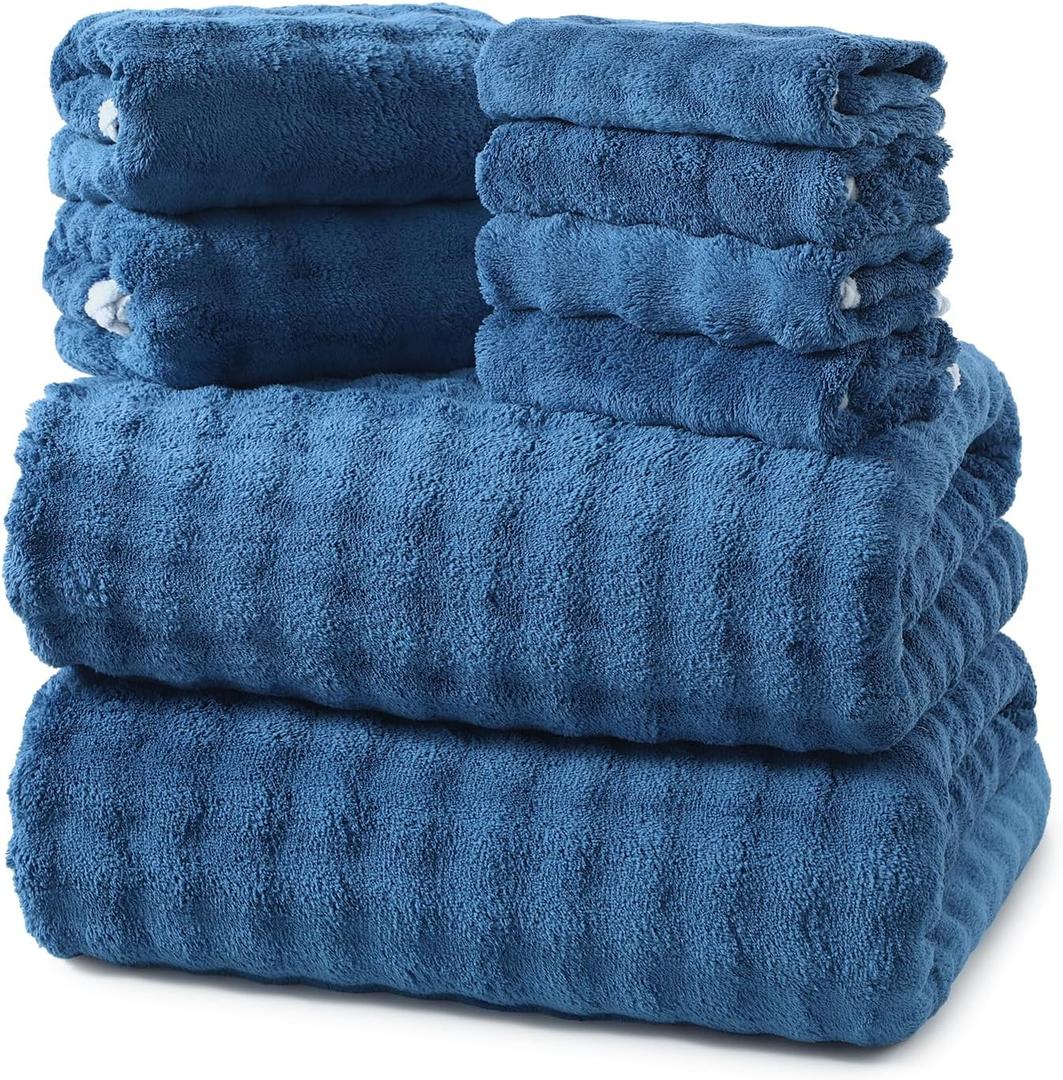 REDKISS 8-Piece Soft Bath Towel Sets, Extra Large 2 Bath Sheet (3570 in), 2 Hand Towel, 4 Washcloth, Microfiber Quick Dry & Absorbent, Blue Towels for Bathroom