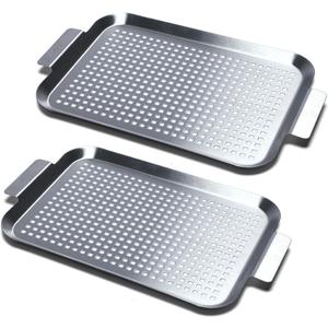 Grill Pan Set of 2, BBQ Grill Topper for Outdoor Grill, Stainless Steel Grilling Baskets with Holes and Handles, Perforated Food Tray Barbecue Accessories for Vegetable, Fish, Middle x 2