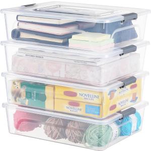 Plastic Storage Bin with Lid, Stackable Design, Clip Box for Crafts, Supplies and Office Items Container (4 Pack 10 Quart)