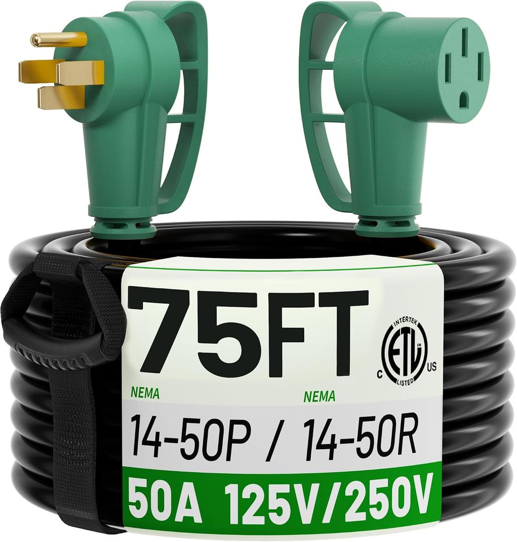 POWGRN NEMA 14-50P to NEMA 14-50R 50 Amp RV/EV Extension Cord 75 FT Outdoor with Grip Handle, Flexible Heavy Duty RV Power Cord Waterproof, 50A 125/250V 6250/12500W STW, Black-Green, ETL Listed