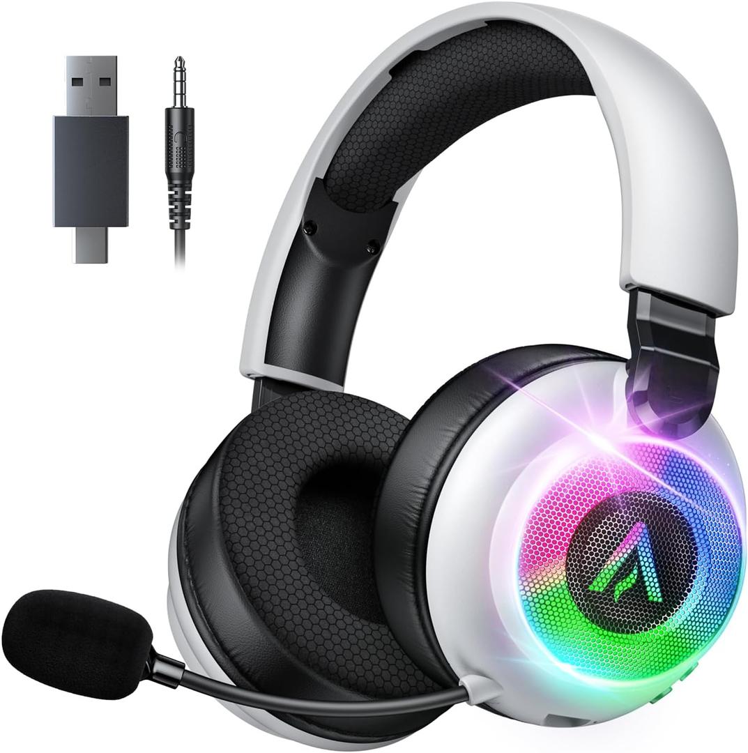 Ultra-Light 4-in-1 Wireless Gaming Headset for PS5 PS4 Xbox, 7.1 Surround Sound, Noise Cancelling Mic, RGB Lights, 40H+ Battery, Lossless Audio, Comfy Over Ear Headphones for PC, Switch, Mac
