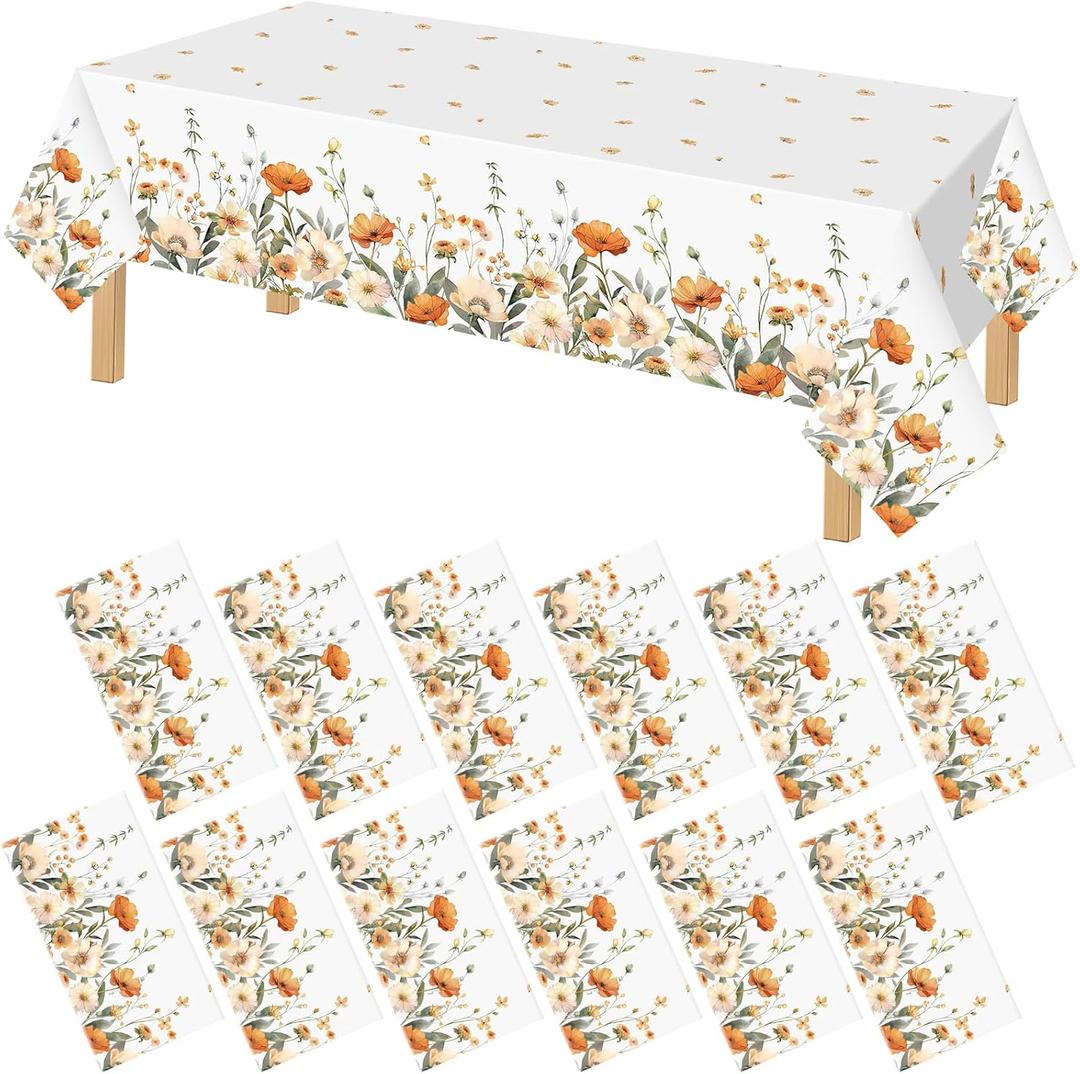 12 Pcs Fall Floral Tablecloth Disposable Plastic Table Covers Thanksgiving Autumn Harvest Wildflower Waterproof Tablecloths for Autumn Thanksgiving Birthday Party Decor, 54 x 108 Inch
