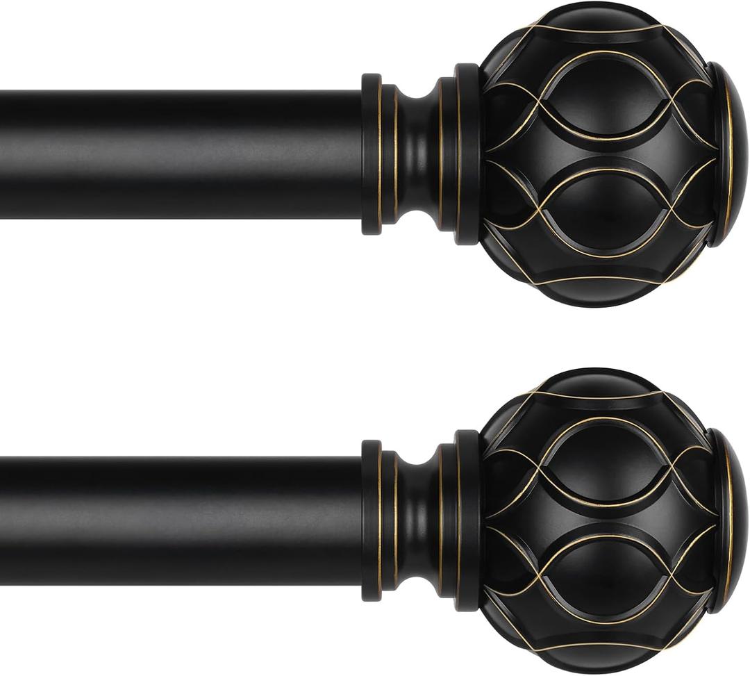 2 Pack Black Curtain Rod, Heavy Duty 1 Inch Decorative Curtain Rods for Windows 48 to 84 Inch, Single-Side Adjustable Vintage Rustic Matte Black Drapery Pole Set with Netted Texture Finials