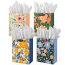 cofullsky Floral Gift Bags with Tissue Paper, 4 Count, Medium, Multicolor, Floral Pattern, Ideal for Valentine's Day, Baby Shower, Birthday, Pack of 3