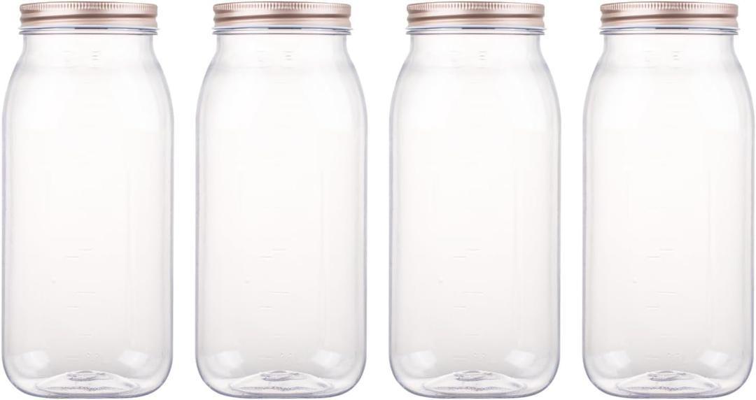 64 Ounce Clear Plastic Mason Jars With Screw On Lid, Reusable Empty Jars for Food Storage, BPA Free Containers for Sealing, Dry Food, Snacks, Candies, Breakage-proof, (Rose Gold - 4 Pack)