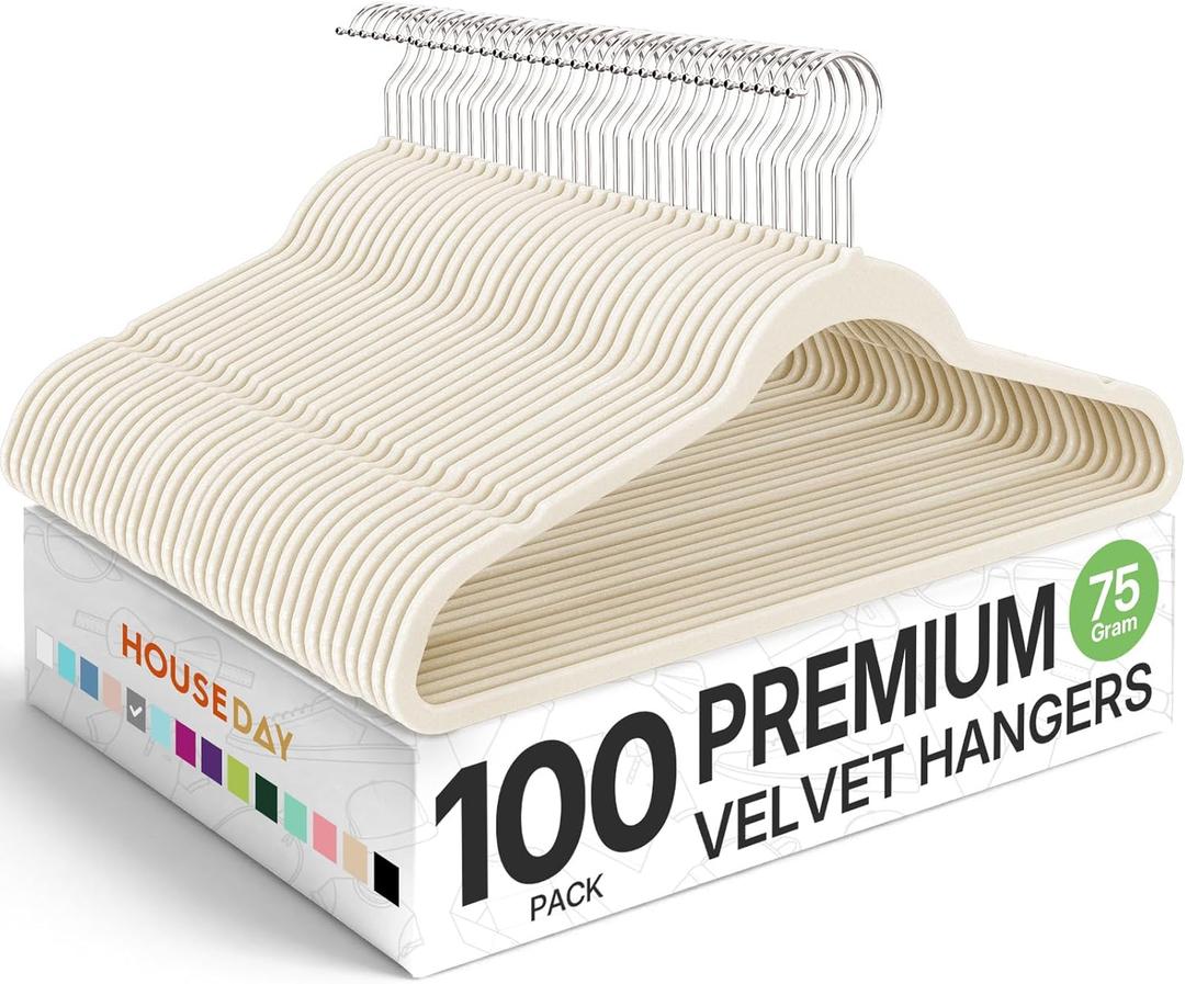 HOUSE DAY Premium Velvet Hangers 100 Pack Beige, Non-Slip Flocked Felt Hangers, Sturdy Clothes Hanger with 360 Rotatable Hook, Heavy Duty Durable Slim Coat Hanger for Closet Space Saving