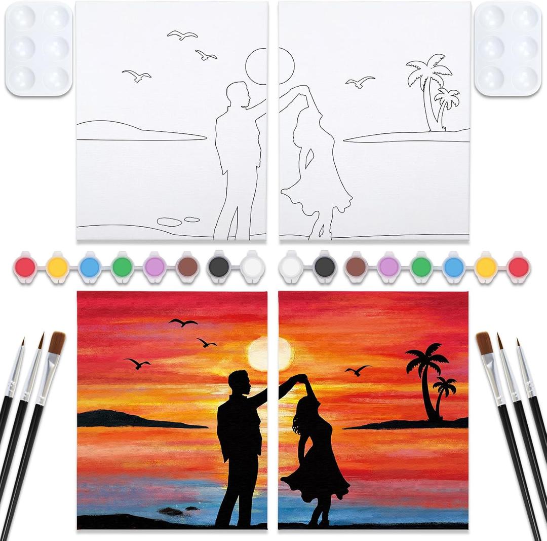 VOCHIC Sip and Paint Kit,Pre Drawn Canvas Couples Paint Party Kit Painting Art Set for Adults Date Night Sunset Beach 2 Pack (8 x 10 Inches, Dancing Couple)