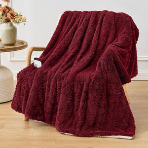 Electric Heated Blanket Twin Size - Jacquard Shaggy Sherpa 62"x84" Fast Heating Bed Blankets with 6 Heating Levels & 10 Hours Auto Off, Over-Heated Protection ETL, Red