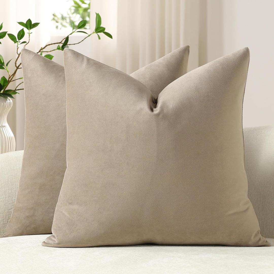 DEZENE Throw Pillow Covers 16x16 Taupe: Pack of 2 Cozy Soft Velvet Square Modern Luxury Decorative Throw Pillow Cases for Sofa Couch Living Room Bed Home Decor (Cobblestone)