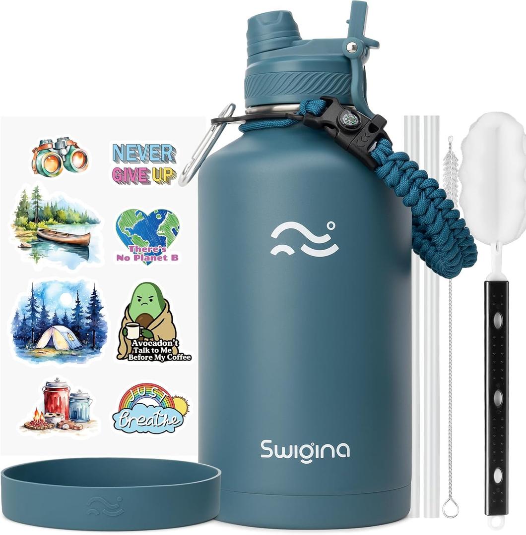 Swigina [2-IN-1 LID] 64 oz Insulated Water Bottle with Silicone Boot (48hrs Cold/24hrs Hot) - DIY Stickers, Leakproof, BPA Free, Half Gallon (Cyan)