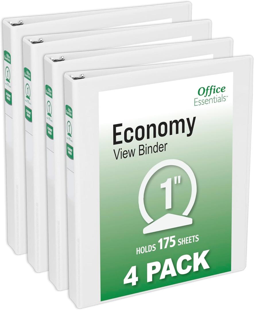 Office Essentials Economy View 3 Ring Binders, 1" Round Rings, 1.4" Spine, 175-Sheet Capacity, White Binders (4-Pack of 03126)