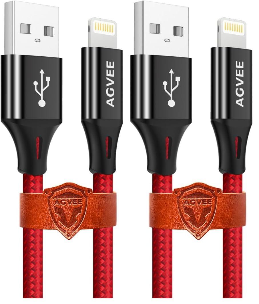 AGVEE 2 Pack 15ft Extra Long Charger for iPhone, Braided Lightning Cable, Heavy Duty Fast Charging Cord, End Tip Unbreakable for iPhone 11 Pro Max X XS XR, 10 8 7 6 6S, Case Friendly, Red