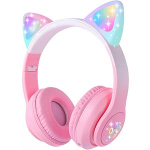 Cat Ear Kids Bluetooth Headphones for Girls Children Teens, LED Light Up Wireless/Wired Mode Foldable Stereo Girls Headphones with Built-in Mic for School Birthday Xmas Gift (Pink)