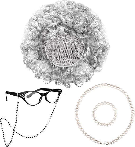 URATOT Halloween Kids Old Lady Wig Costume Set Wig with Glasses Chain Pearl Necklace Bracelet Glasses