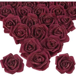 100pcs Burgundy Glitter Roses 2.56" Foam Glitter Flowers Fake Roses Artificial Roses for Bridal Shower Centerpieces DIY Wedding Flower Floral Arrangements