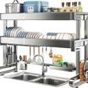 Over Sink Dish Drying Rack 3 Tier Dish Drying Rack Full 304 Stainless Steel Large Storage Kitchen Dish Rack Expandable Drainer Shelf Rack for Kitchen Counter Above Sink Organizer23"-39" (Silver)