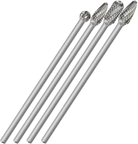Sworker 4Pcs Long Carbide Burr Set 1/4" Shank Total L 6.1" Die Grinder Bits Rotary Rasp Attachment Cut Port Grind Metal Cast Iron Steel Aluminum Cylinder Head Engine Intake Exhaust Manifold Tight Area Two Missing