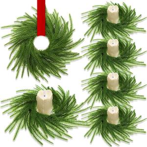 4 Pcs Mini Wreaths for Cabinets, 9.8 Inch Christmas Norfolk Pine Candle Rings, Artificial Small Wreath Garland Xmas Candle Ring Holder for Kitchen Cabinet Window Chair Wall Table Centerpiece