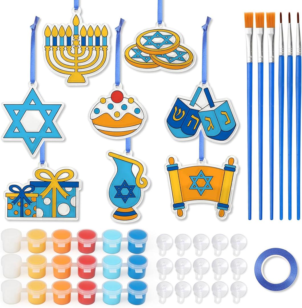 Vansolinne Hanukkah Suncatcher Craft Kit for Kids Chanukah Decorations Window Art Kit for Aged 6+ DIY Stained Glass Paints Suction Cups Included Menorah Dreidel Painting Crafts Gifts Home Decor 24PCS