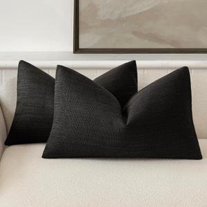 Foindtower Set of 2 Decorative Textured Burlap Linen Throw Pillow Covers Farmhouse Boho Lumbar Cushion Cover Solid Accent Pillowcase for Couch Sofa Bed Living Room Home Decor,1220 Inch,Black