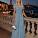 MEROKEETY Women's 2026 V Neck Short Sleeve Floral Lace Wedding Dress A Line Boho Bridesmaid Cocktail Party Maxi Dress (Blue, S)