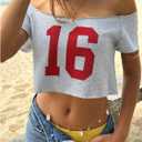 SOLY HUX Women's Off The Shoulder Graphic Tees Number Print Jersey Crop Top Vacation Outfit (Green, M)