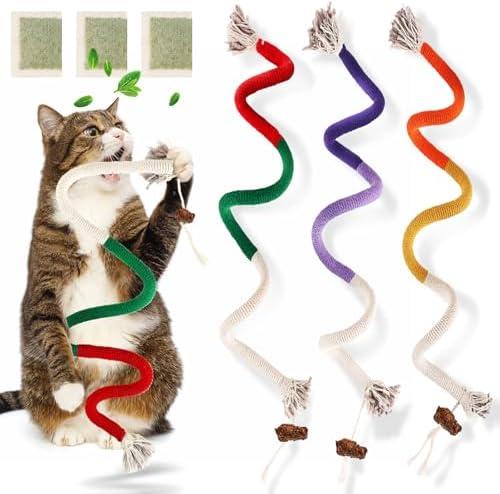 TEAWOO 3 PCS Cat Toys Chew Ropes, 27.56 Inches Cat Chew Rope Toy for Teeth Cleaning, Safe Catnip Toys for Cats Rope Chew Toy (3 Bags of Catnip Included)