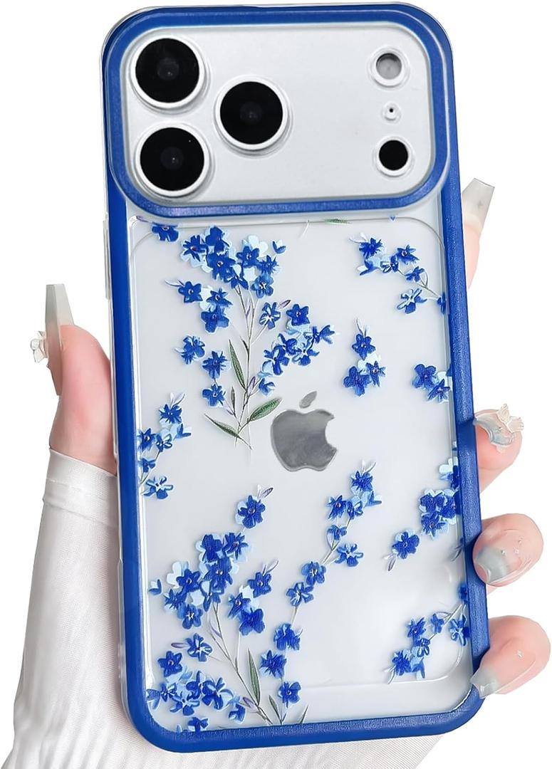 NITITOP Compatible for iPhone 17 Pro Case Clear Cute Floral Flower Branch Leaves Pattern for Women Girls Color Frame Slim Shockproof Durable Protective Phone Cover - Blue