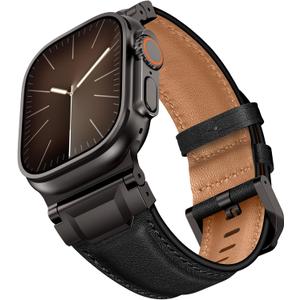 Leather Bands Compatible with Apple Watch Ultra 3/2/1 Band 49mm 46mm 45mm 44mm 42mm Men, Genuine Leather Metal Connector Strap for iWatch Ultra Series 11/10/9/8/7/SE/6/5/4/3/2/1, Black/Black