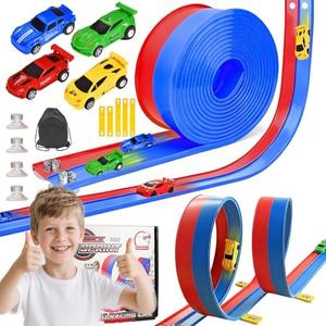 20ft Flexible Race Track for Kids with 4 Pull-Back Cars & Portable Storage Bag,4pcs Strong Suction Cups,5pcs Track Stabilizers,for 1/64 Cars,Roll Up Slot Car Race Track with Loops