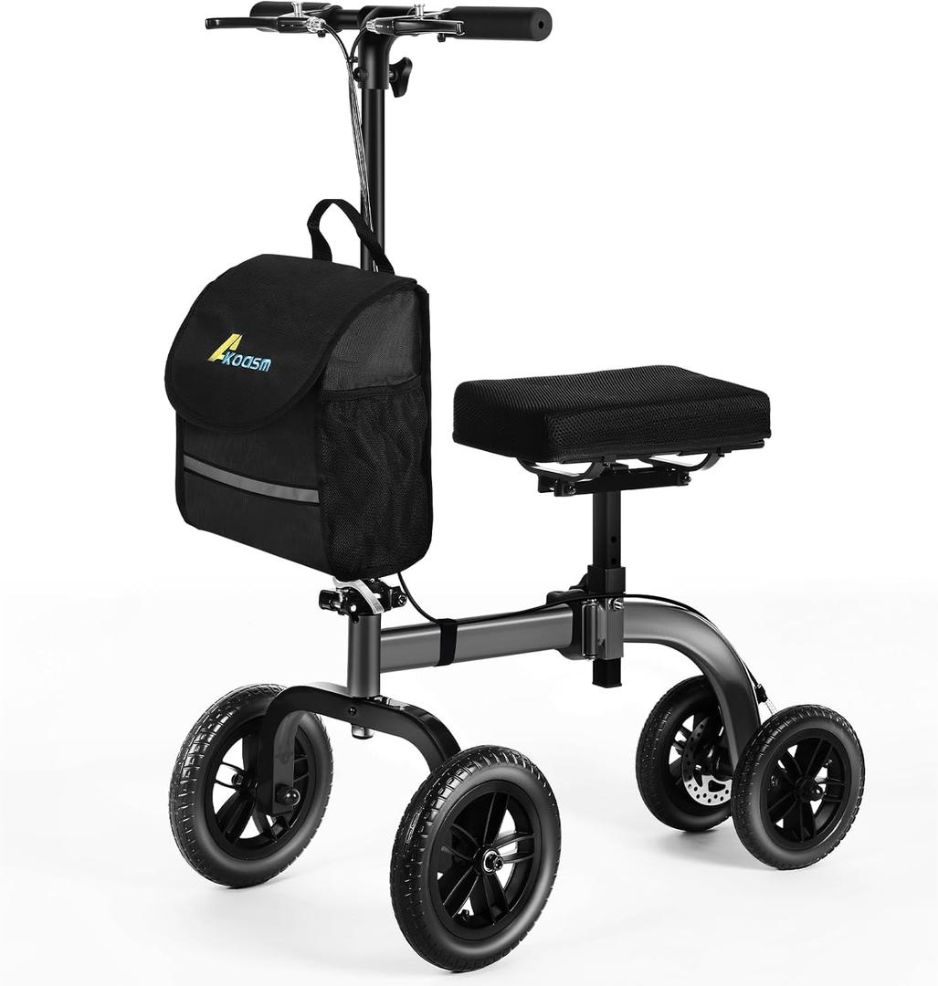 Collapsible All Terrain Knee Scooter for Adults for Foot Surgery, Adjustable Knee Walker Cart Scooters with Basket, Clearance Knee Crutchs Alternative for Broken Leg Ankle Injuries, Dual Brakes, Grey