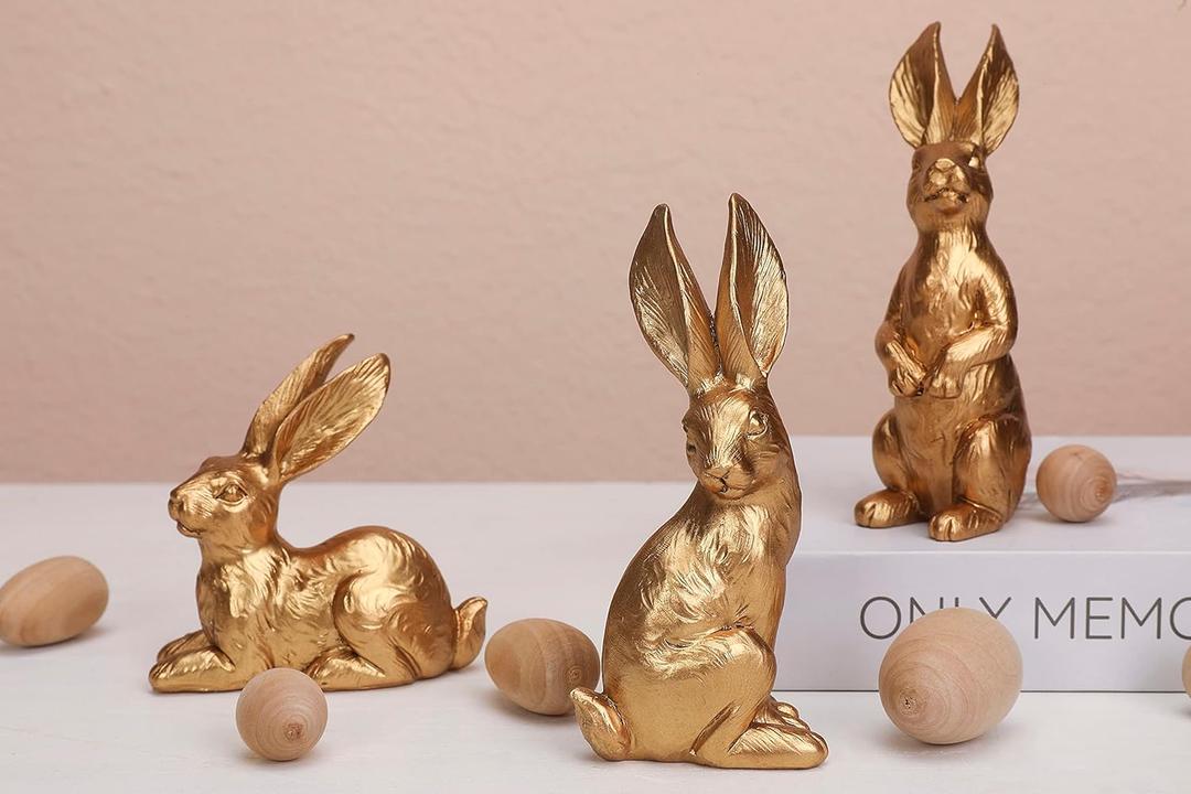 WONDROUS' DECO Gold Easter Bunny Decor Rabbit Figurines, Small Resin Easter Bunny Figurine Set of 3, Vintage Rabbit Statues for Mantle Decorations, Spring Tabletop Decor