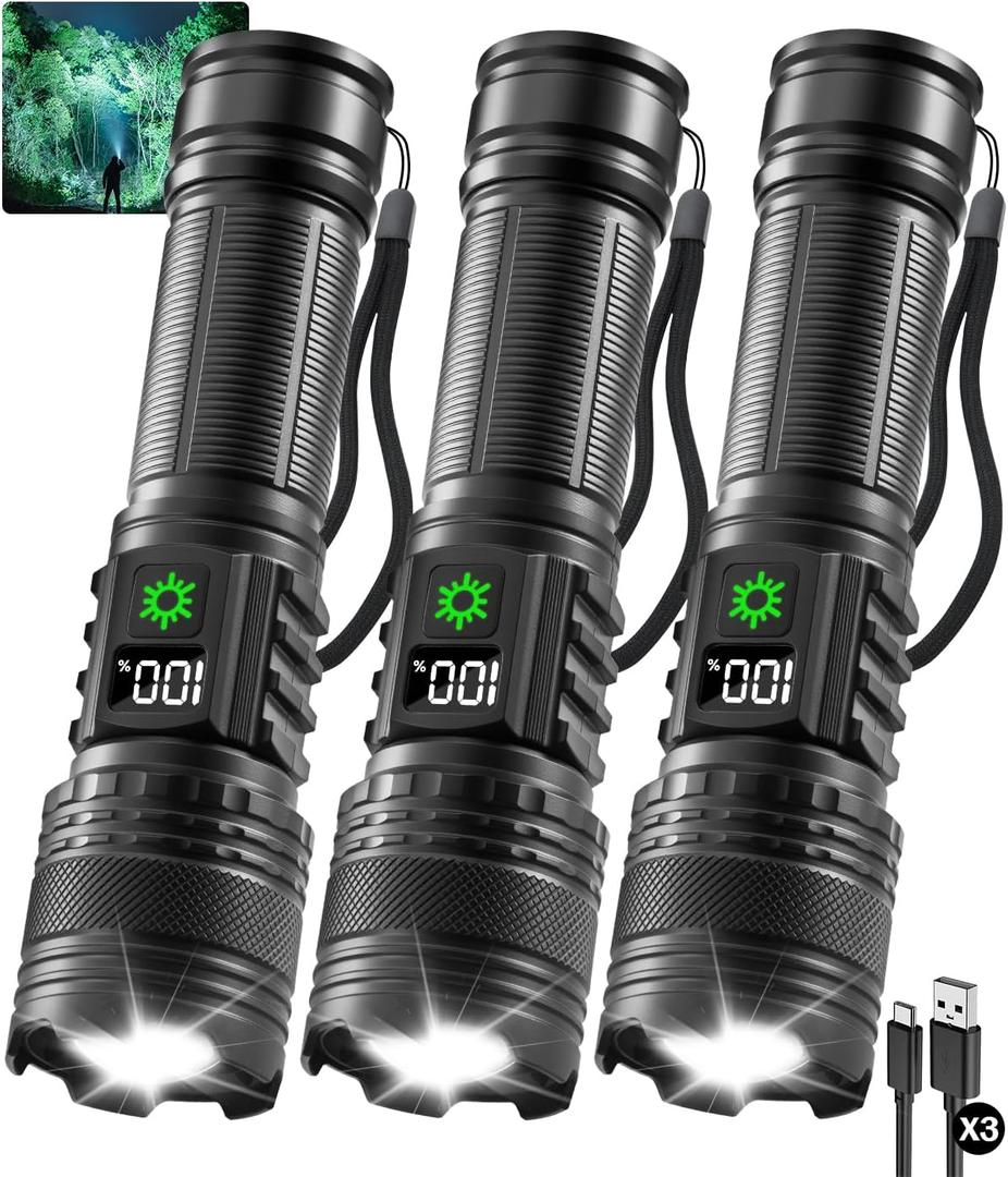 3Pack Rechargeable Flashlights High Lumens 9900FL, LED Flashlight Rechargeable with LCD Digital Display, 5Modes Adjustable Flash Light, Super Bright Flashlight Powerful, Tactical Flashlights for Home