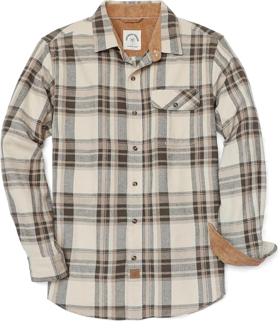Dubinik 6 oz Flannel Shirt for Men Long Sleeve Casual Button Down Brushed 100% Cotton Shirt (X-Large Tall, Olive Beige Brown)