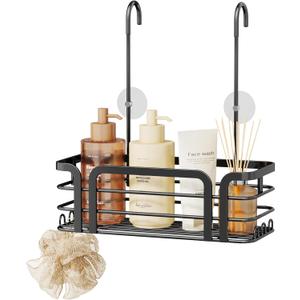 SWTYMIKI Shower Caddy Hanging Organizer - Over the Door Shower Caddy with 6 Hooks, 2 Installation Ways, Stainless Steel Rustproof Bathroom Organizer, Black (Black-1 tier)