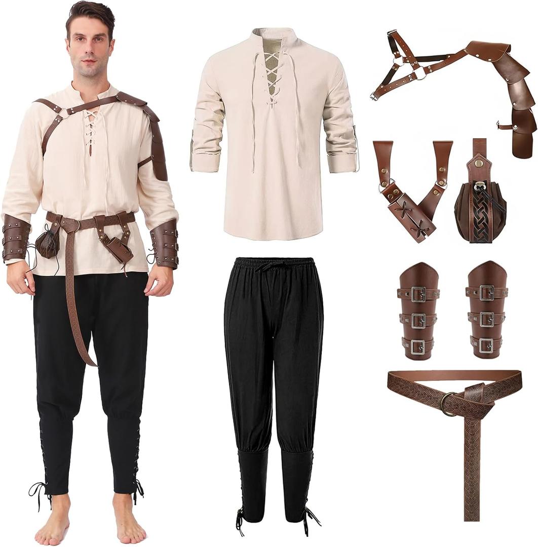 8 Pcs Men's Renaissance Pirate Costumes Halloween Medieval Shirt Pants Viking Costume Accessories Set Cosplay (XX-Large, Khaki+black)