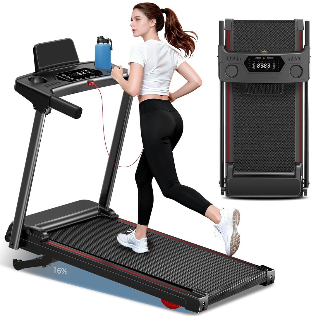 Treadmill with 0-16% Auto Incline, 0.6-7.5MPH Walking Pad Treadmills for Home, 3.0 HP Low Noise Foldable Treadmill with Handle Bar and LED Display, Walking Running Machine, 350LBS Capacity