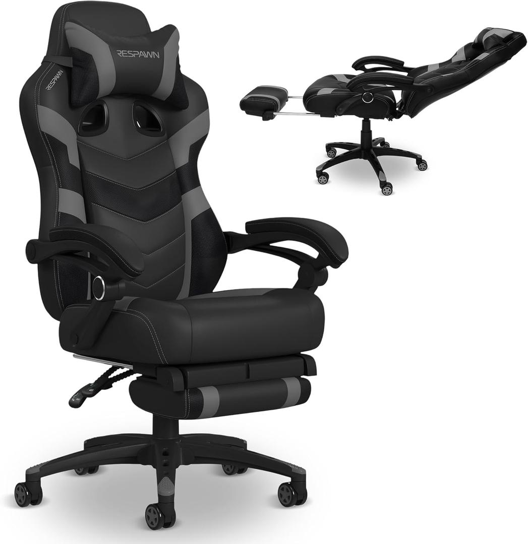 Respawn 110 Pro Ergonomic Gaming Chair with Footrest for Adults - Comfortable Office Gaming Recliner with Lumbar Support and Headrest, Racing Style Video Game Chairs for Computer Gamer - Gray (2021 Grey)