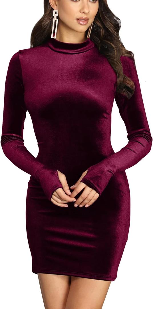 Mizoci Women's Sexy Bodycon Long Sleeve Elegant Velvet Mock Neck Mini Club Party Dress (Wine Red, XL)