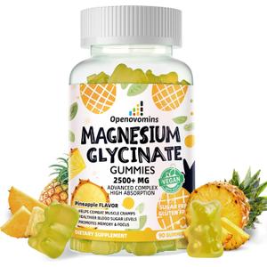 3 x Magnesium Glycinate Gummies 2500mg - Sugar Free Magnesium Potassium Supplement with Vitamin D, B6, CoQ10 for Calm Mood & Sleep Support - 90 Pineapple Gummies