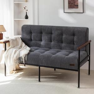 MAXYOYO Living Room Accent Chair, Loveseat Sofa Chair with Sturdy Metal Frame & Wood Armrests, Button Tufted Upholstered Small Couch Modern Love Seat for Bedroom Office, Dark Grey
