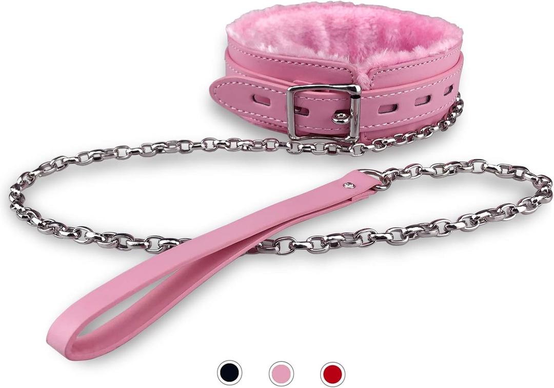 PU Leather Gothic Choker Collar with Long and Durable Detachable Leash Chain Adjustable Collar Necklace, Pink