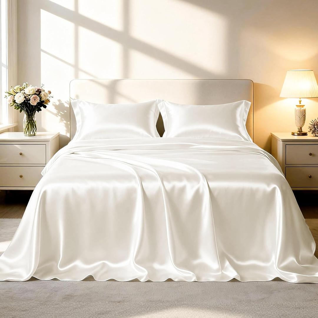 Love's cabin Twin Silky Soft Satin Bed Sheet Set - 3 Piece, Ivory, Luxury Fitted & Flat Sheets, Deep Pockets, Envelope Closure, 1800 Thread Count, Cooling, Breathable, Hypoallergenic