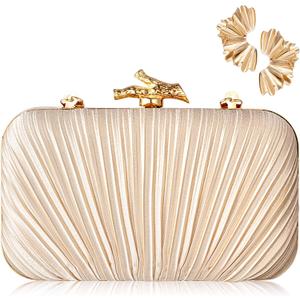 1 Set Gold Clutch Purses for Women Evening Bag Pleated with Ginkgo Leaf Earrings Clutch Gold Purse Handbag with Chain for Wedding Party Bridal 7.87 x 4.33 Inch