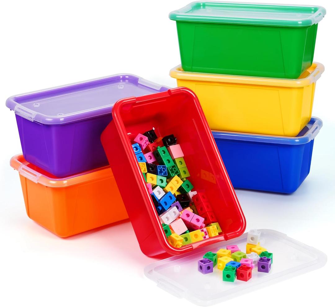 GAMENOTE Colored Plastic Storage Bins with Lids, Stackable Containers,Toy Storage Organizer - 5 Qt 6 Pack-Small Tubs,Tote Box for Classroom, Kids, Sorting (127.25.1 in) (Multicolor)