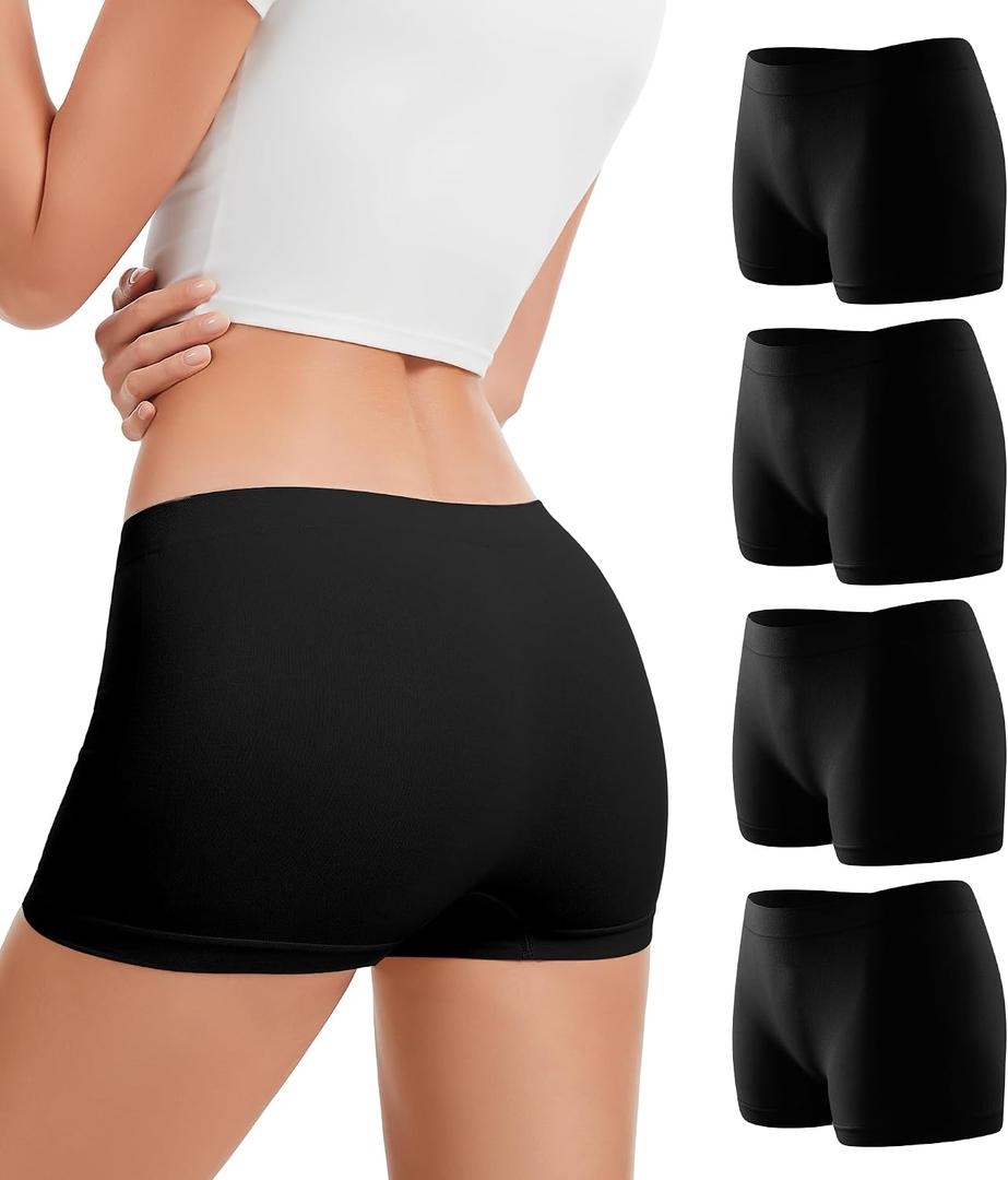dmuveo Boy Shorts Underwear For Women Seamless Full Coverage Briefs Soft Stretch Boxer Shorts Panties 4 Pack (Black, S)