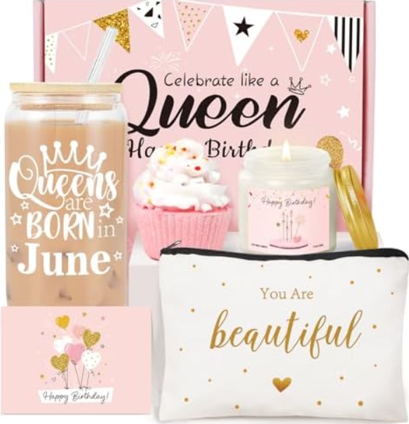 Birthday Gift Basket for Women, Funny Happy Birthday Glass Cup Tumbler for her, Women Unique Gifts Ideas for Box, Happy Gifts for Friends Female Sister Coworker Her Bestie - June